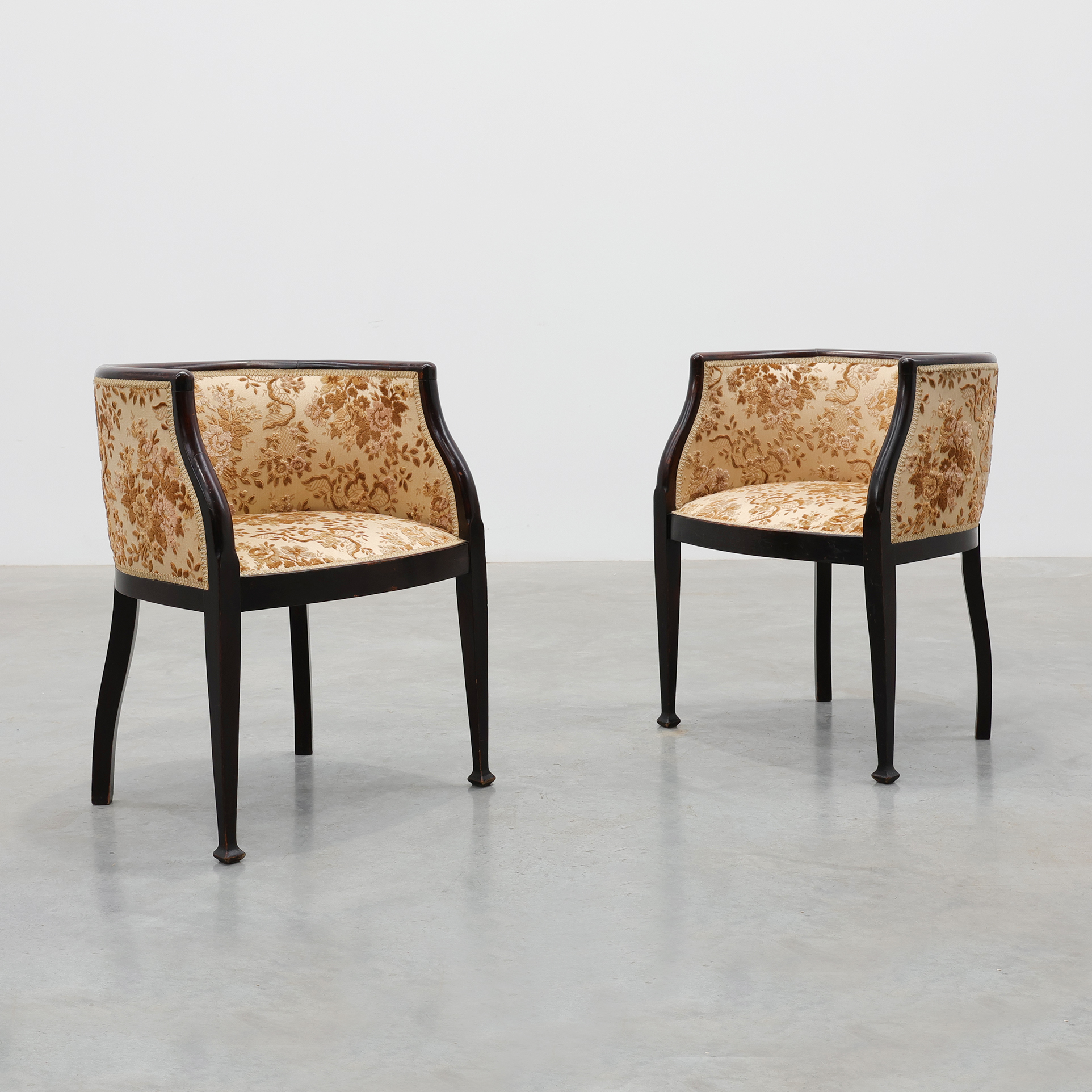 Pair of Ebonised Tub Armchairs with Floral Upholstery, France, Circa 1900-img